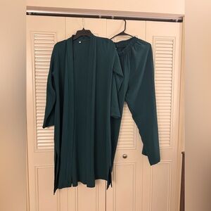 Women’s 2 Pc Solid Set Deep Green Front Open Long Cardigan with Trouser Size 2XL